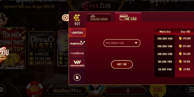 Quy trình rút thưởng tại Manclub bằng thẻ cào di động